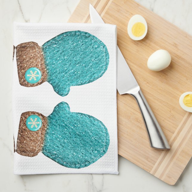 Winter mitten cute snowflake teal blue brown tea towel (Quarter Fold)