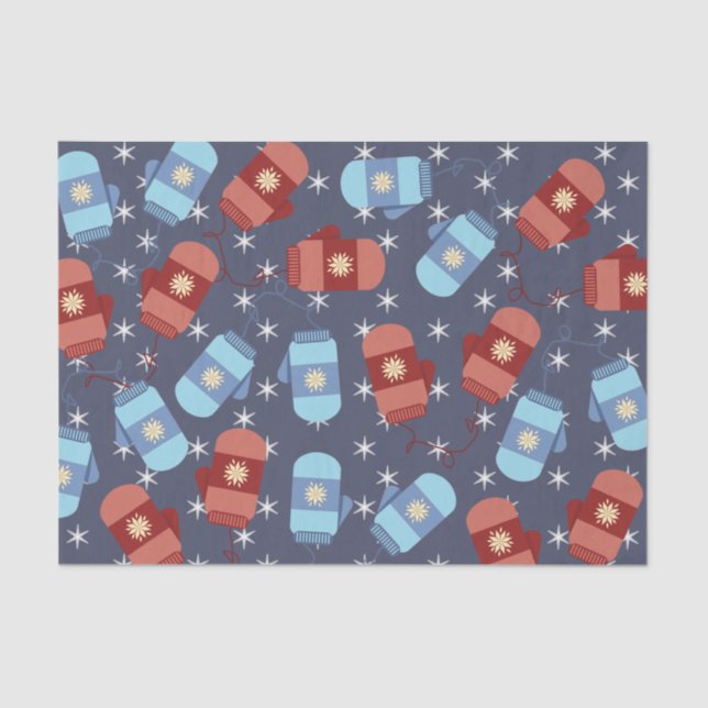 Winter Mittens and Stars Blue Tissue Paper (Front)