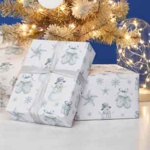 Winter Mittens & Snowman Blue Christmas Gift Wrapping Paper