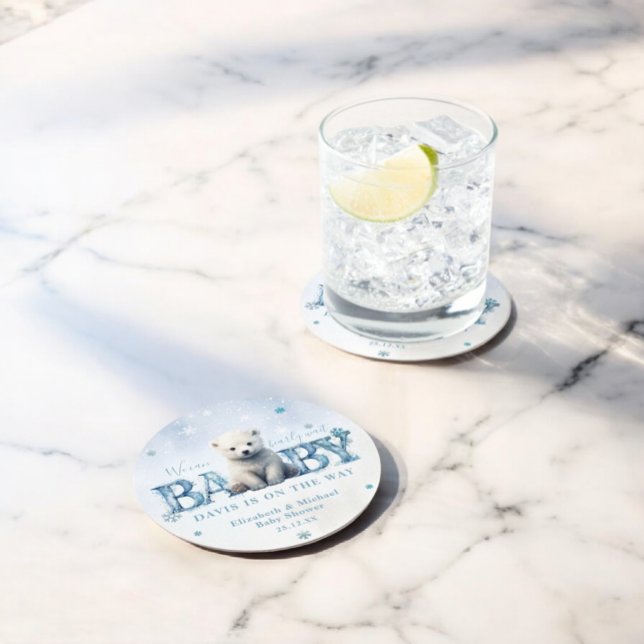 Winter Modern Bearly Wait Baby Shower Round Paper Coaster (Creator Uploaded)