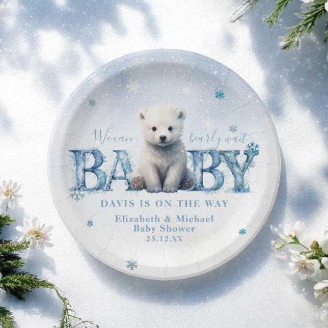 Winter Modern Bearly Wait Snowflake Baby Shower Paper Plate (Creator Uploaded)