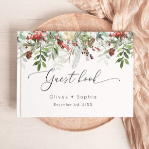 Winter modern evergeen Christmas wedding Guest Book