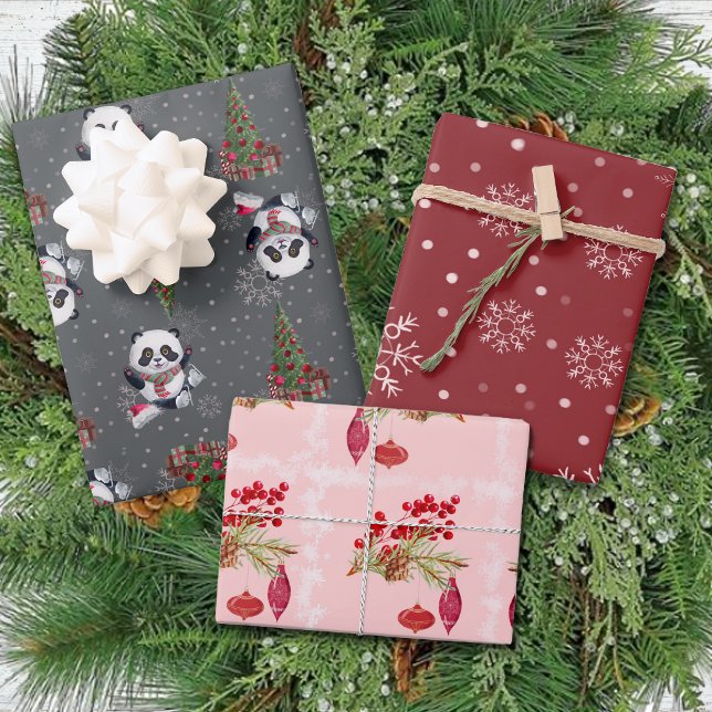 Winter Modern Fun Panda Red Pink Grey Christmas Wrapping Paper Sheet (Creator Uploaded)