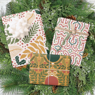 Winter Modern Muted Ornament Leaves Christmas Wrapping Paper Sheet