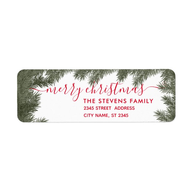 Winter modern pine branch script christmas return address label (Front)