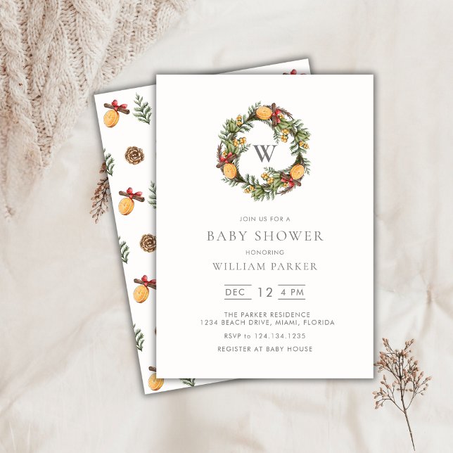 Winter Monogram Wreath Baby Shower Invitation (Winter Monogram Wreath Baby Shower Invitation)