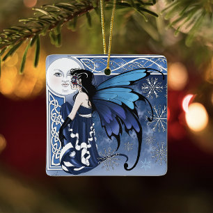 Winter Moon Fairy Blue Ceramic Ornament