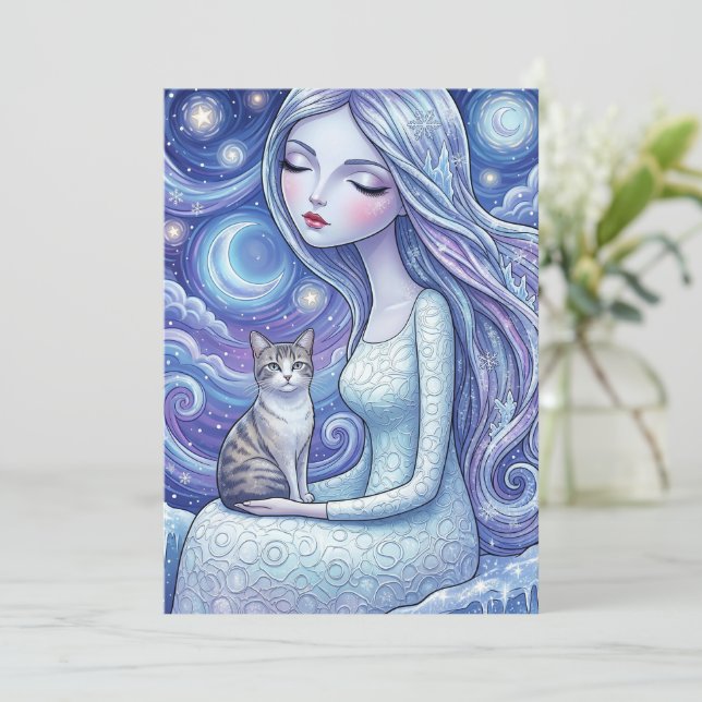 Winter Moon Maiden & Silver Cat Fantasy Holiday  (Standing Front)