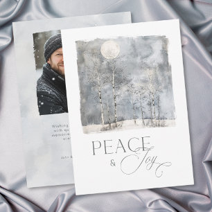 Winter Moon Peace and Joy Watercolor Photo Holiday Card