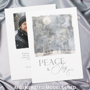 Winter Moon Peace and Joy Watercolor Photo Holiday Card