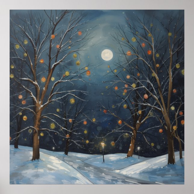 Winter Moonlit Trees Lights Poster (Front)