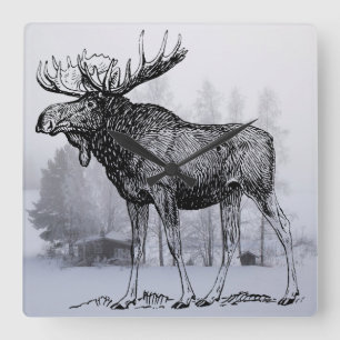 Winter Moose Square Wall Clock