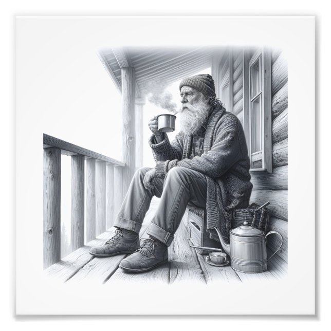 Winter Morning Coffee Rustic Black & White Photo Print (Front)