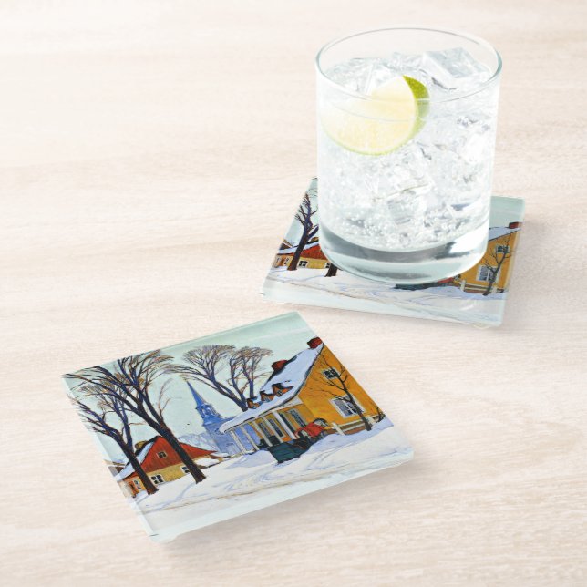 Winter Morning, fine art by Clarence Gagnon Glass Coaster (Angled)