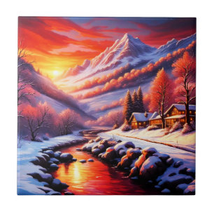 Winter Mountain Cabin Ceramic Tile