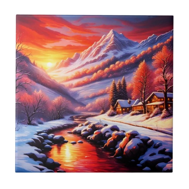 Winter Mountain Cabin Ceramic Tile (Front)