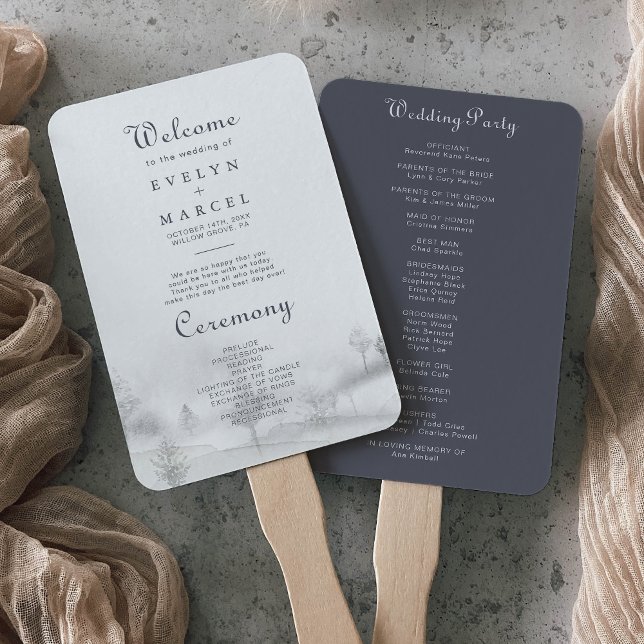 Winter Mountain Forest Wedding Program Hand Fan (Creator Uploaded)
