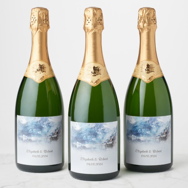 Winter Mountain Lake  Sparkling Wine Label (Bottles)
