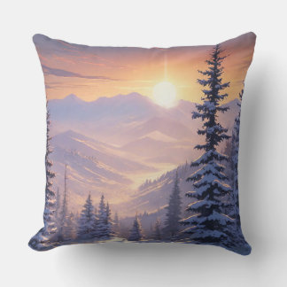 Winter mountain landscape with fir trees and sun cushion