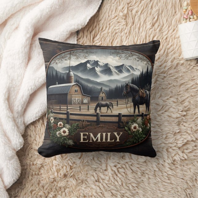 Winter Mountain Landscape With Horses and Barn Cushion (Blanket)
