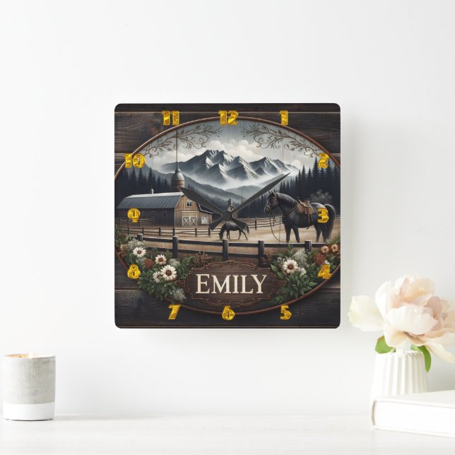 Winter Mountain Landscape With Horses and Barn Square Wall Clock (Home)