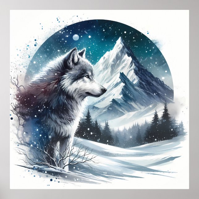 Winter Mountain Landscape with Wolf Poster (Front)