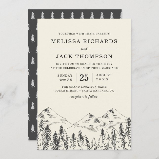 Winter Mountain Pine Tree Forest Rustic Wedding Invitation (Front/Back)