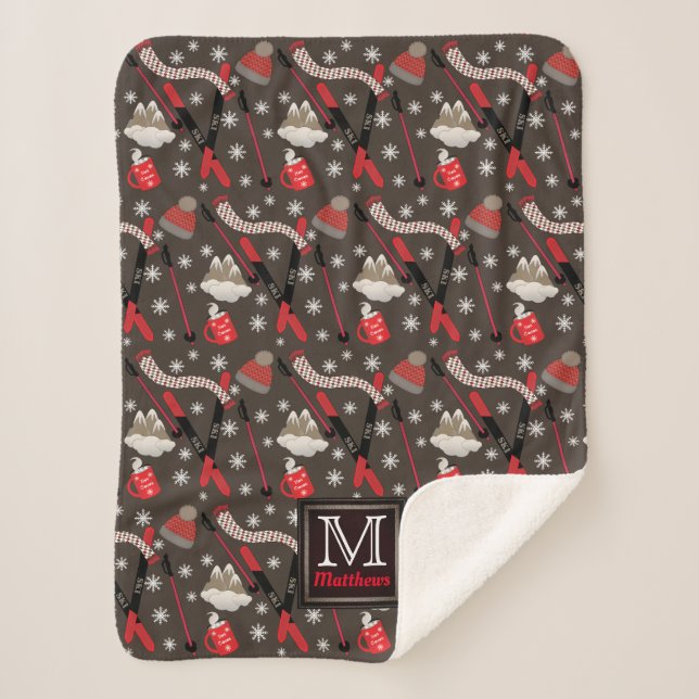 WInter Mountain Ski Trip Theme Pattern Monogram Sh Sherpa Blanket (Front)