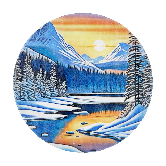 Winter Mountain Sunset Glow Cutting Board (Front)