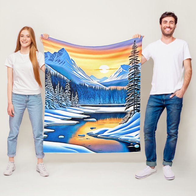 Winter Mountain Sunset Glow Fleece Blanket (In Situ)