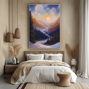 Winter Mountain Valley in Pointillist Style Poster