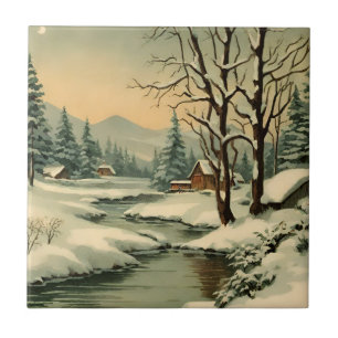 Winter Mountain Village by the Creek Ceramic Tile