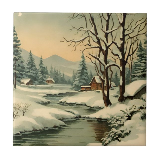 Winter Mountain Village by the Creek  Ceramic Tile (Front)