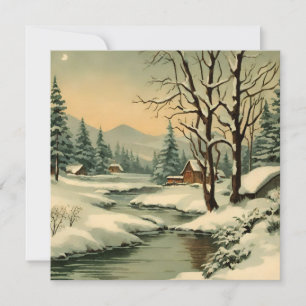 Winter Mountain Village by the Creek Holiday Card