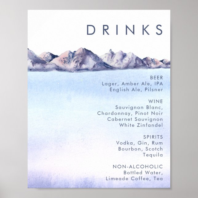 Winter Mountain Wedding Drinks Menu Poster (Front)