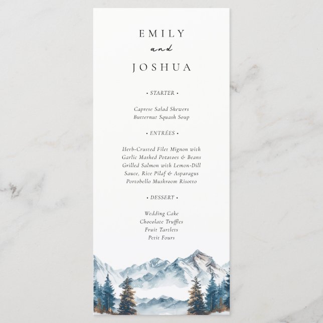 Winter Mountains Pine Tree Wedding Menu (Front)