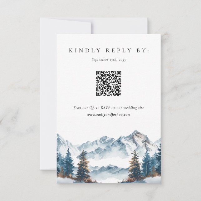 Winter Mountains Pine Tree Wedding RSVP Card (Front)