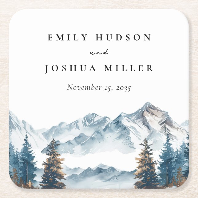 Winter Mountains Pine Tree Wedding Square Paper Coaster (Front)