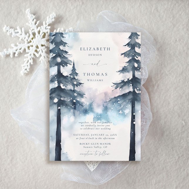 Winter Mountains Snow Pine Trees Elegant Wedding Invitation (winter wedding invitations rustic elegant chic mountains smoky blue silver snow pine trees forest)