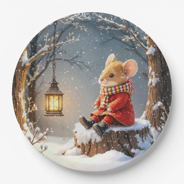 Winter Mouse and Forest Lantern In Snowflakes Paper Plate (Front)