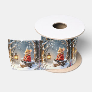 Winter Mouse and Lantern In Snowflakes Satin Ribbon