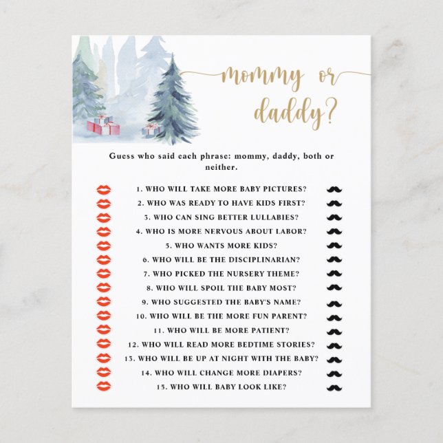 Winter mummy or daddy baby shower game (Front)