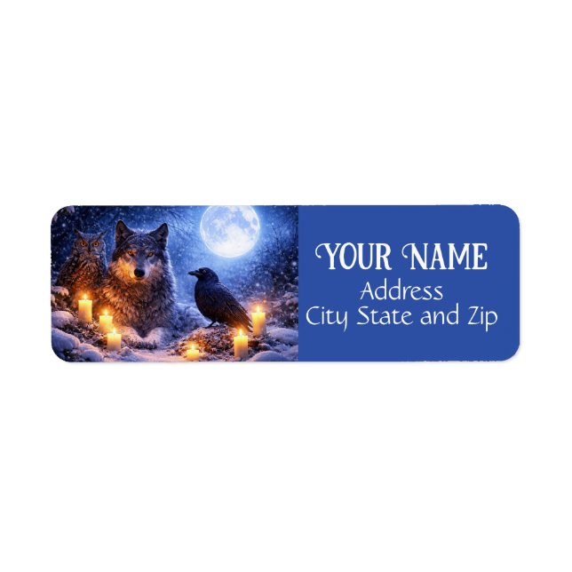 Winter Mystical Wolf Owl Raven Return Address Label (Front)