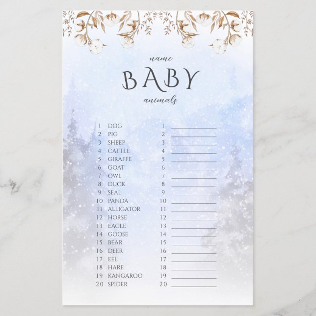 Winter Name Baby Animals Baby Shower Game (Front)