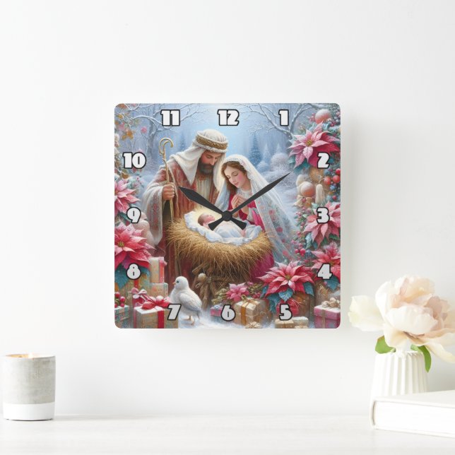 Winter Nativity, Holy Family's Glow  Square Wall Clock (Home)
