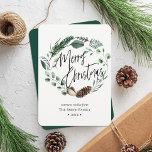 Winter Nature | Watercolor Wreath Christmas Holiday Card<br><div class="desc">Send holiday greetings to friends and family in simple, chic, elegant and modern non-photo design festive, natural nature colour style cards! A beautiful wreath frame of soft green painted watercolor leaves (pine tree, eucalyptus, fern), featuring a pretty brown pine cone in front. The middle features the greeting "merry christmas" in...</div>