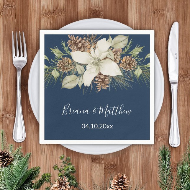 Winter Navy Blue Elegant Script Wedding Napkin (Creator Uploaded)