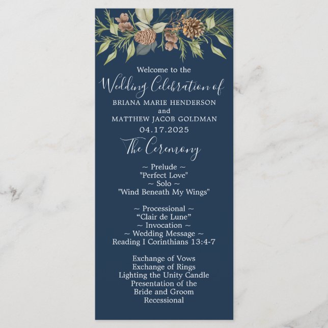Winter Navy Blue Elegant Script Wedding Program (Front)