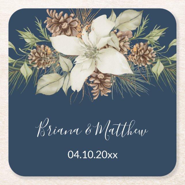 Winter Navy Blue Elegant Script Wedding Square Paper Coaster (Front)