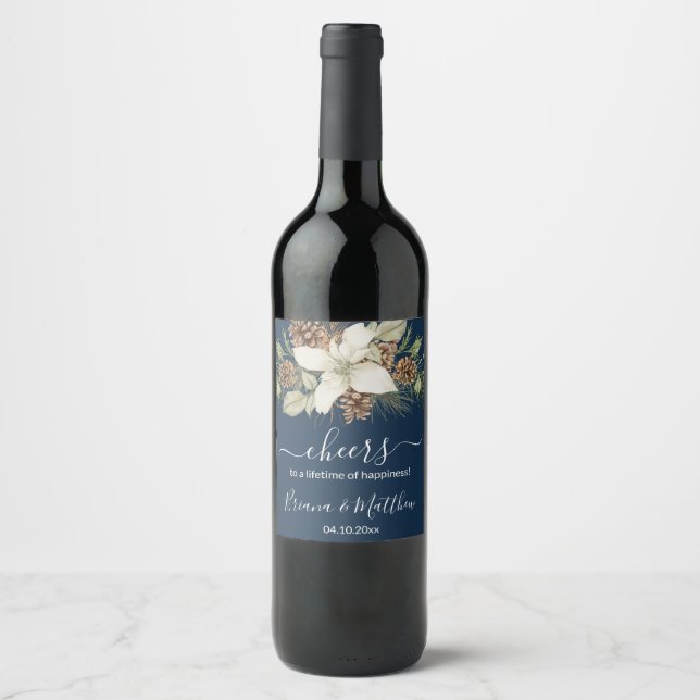 Winter Navy Blue Elegant Script Wedding Wine Label (Front)